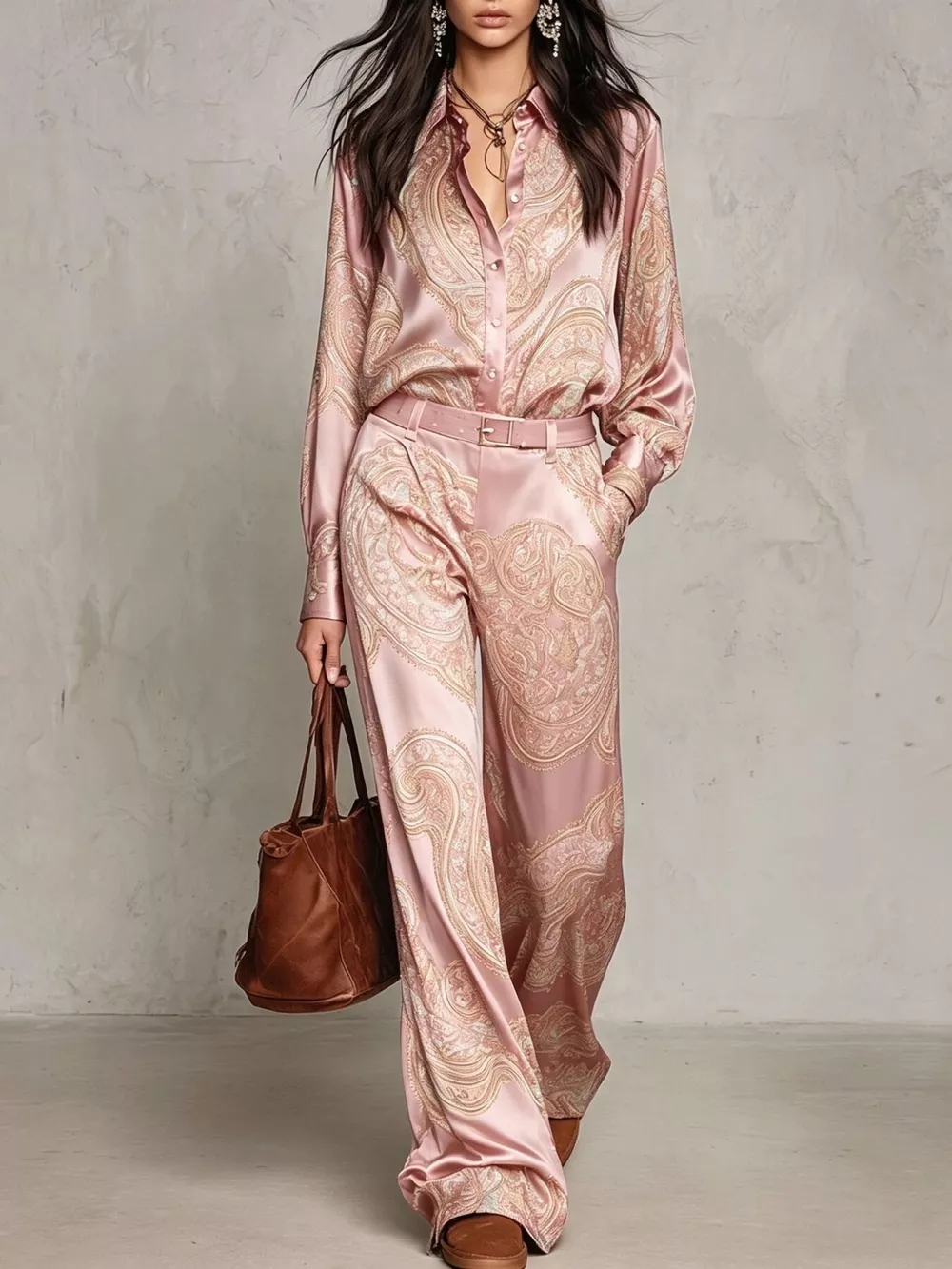 Paisley Print Long Sleeve Shirt and Wide-Leg Pants Set, image 12