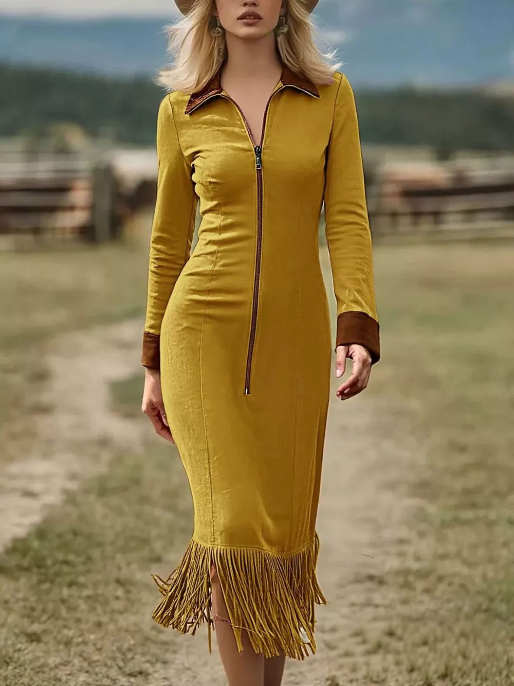 Full Size Fringe Hem Zip Front Midi Dress Plus Size, image 4