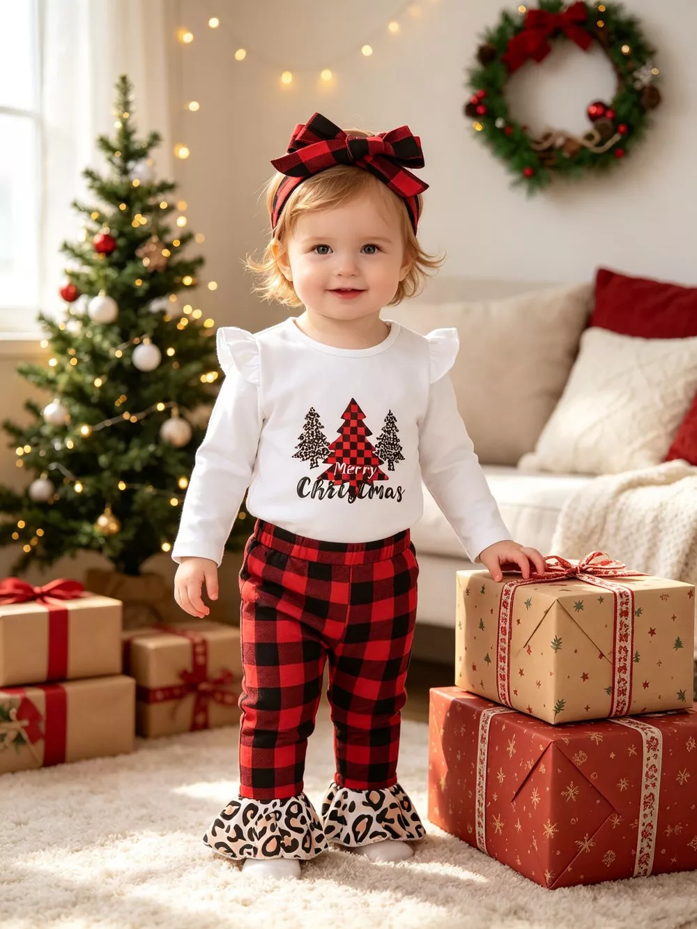 Children's Christmas Tree Graphic Top and Plaid Ruffle Pants Set with Headband