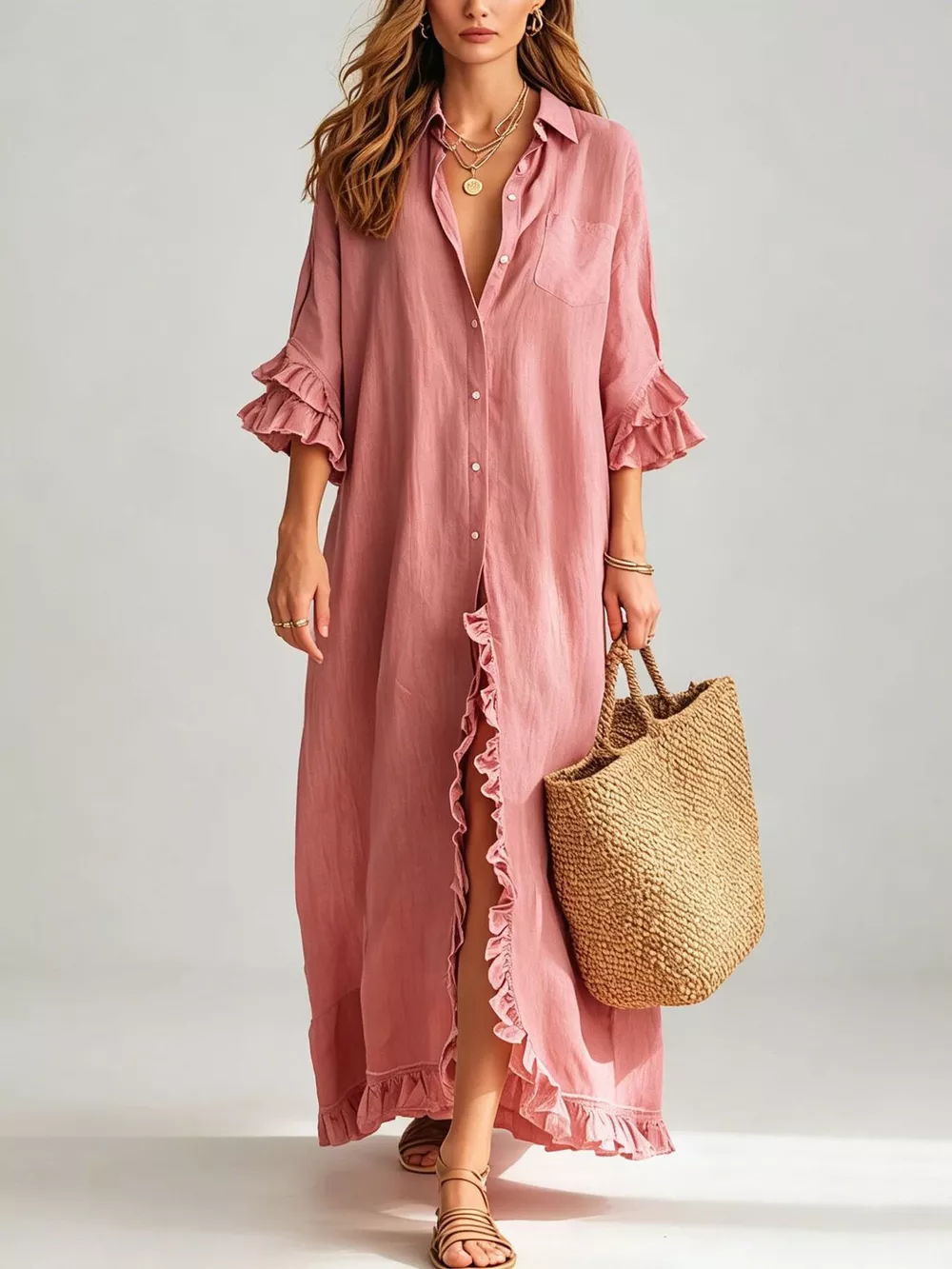 Full Size Ruffled Trim Button-Down Maxi Shirt Dress Plus Size, image 11