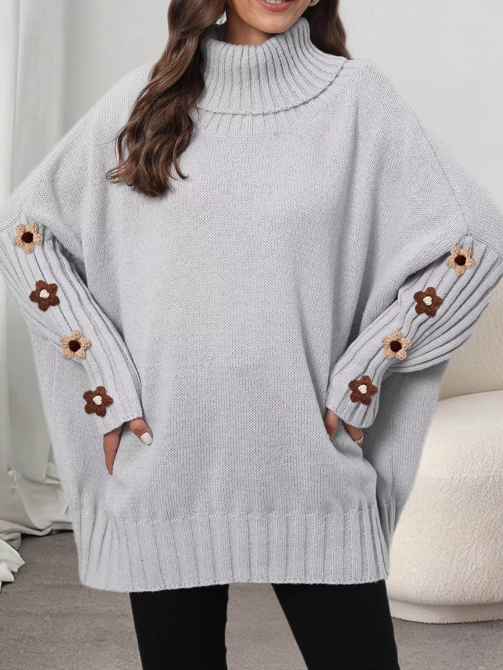 Oversized Turtleneck Sweater with Floral Applique Sleeves, image 12