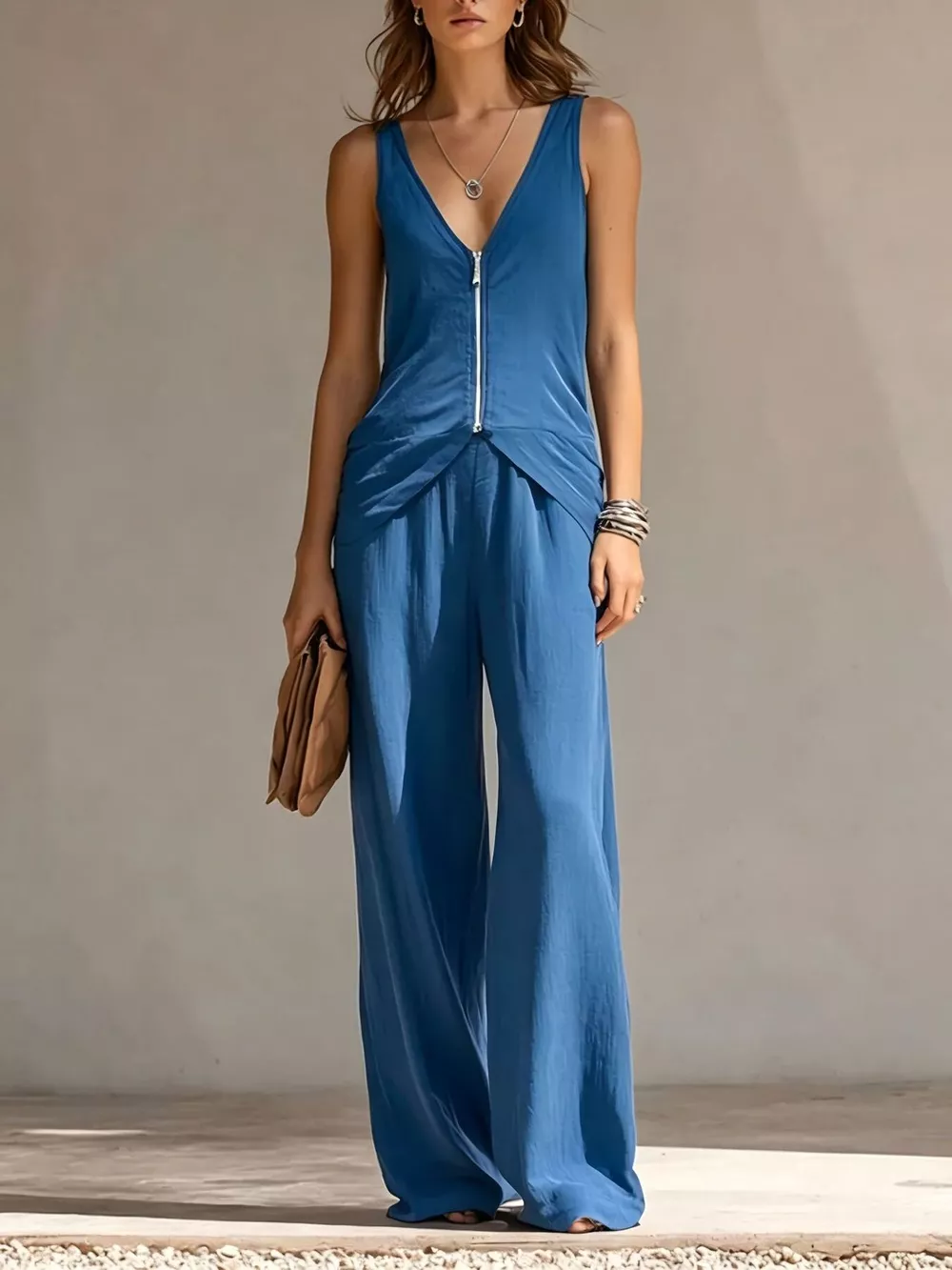 Full Size Zipper Front Tank and Wide-Leg Pants Set Plus Size, image 8
