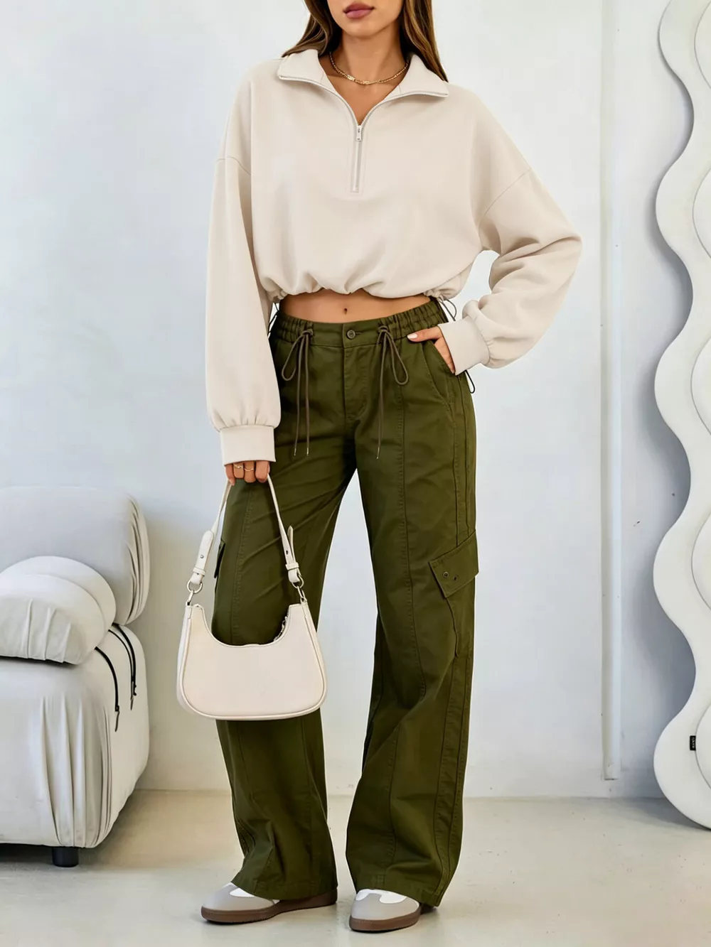 Half Zip Drawstring Hem Sweatshirt, image 4