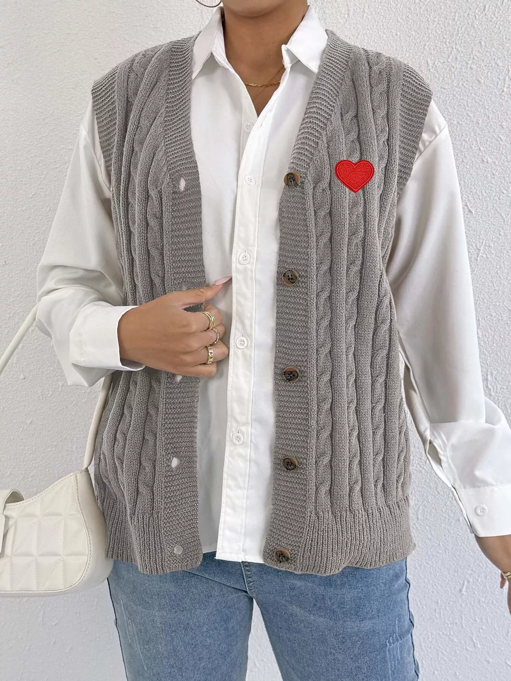 V-Neck Cable Knit Button-Down Sweater Vest with Heart Embroidery, image 12