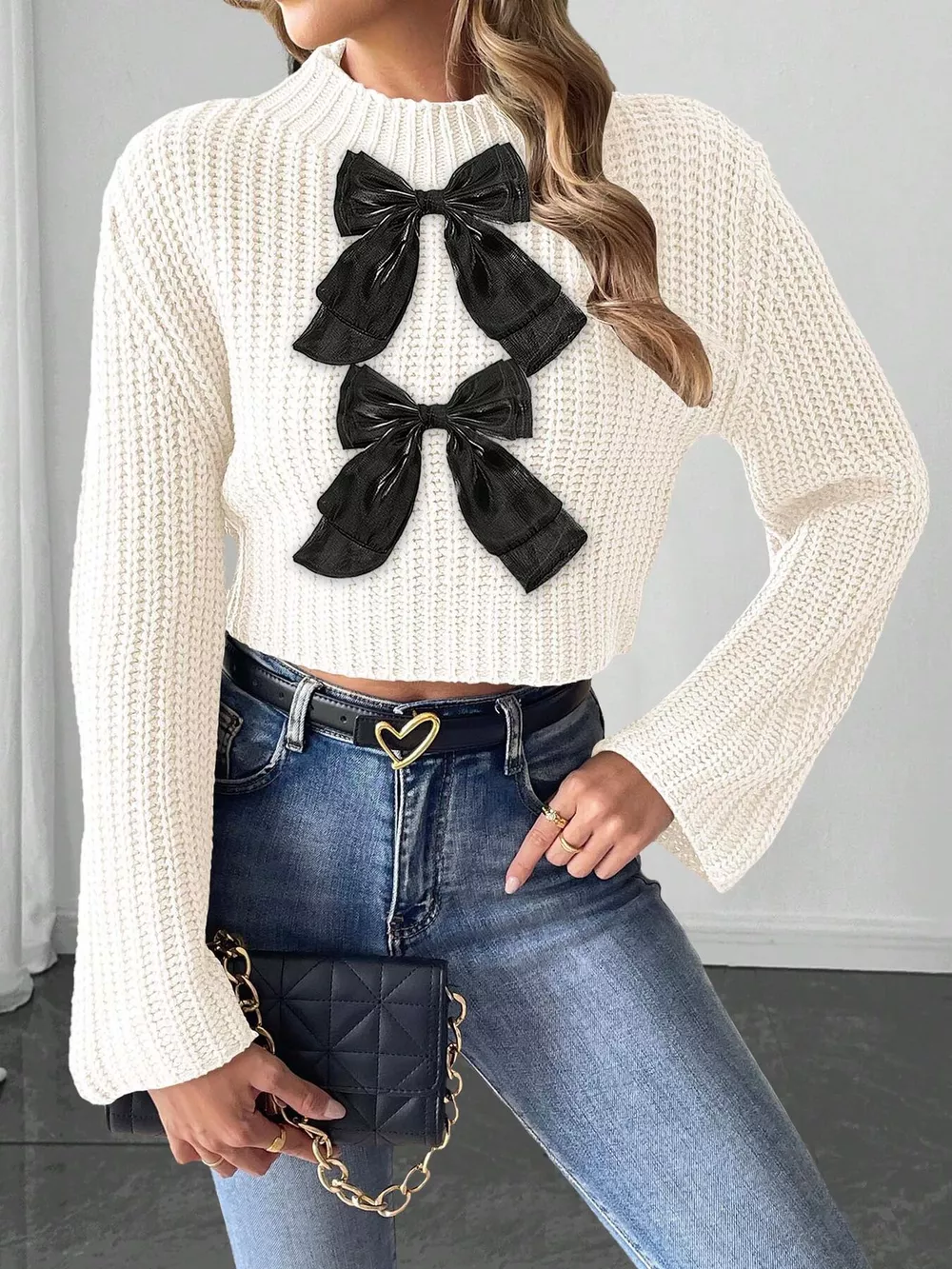 Bow-Decorated Mock Neck Cropped Sweater, image 9