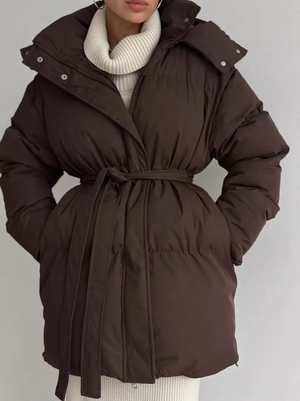 Mid-Length Thickened Hooded Winter Coat with Belted, image 2