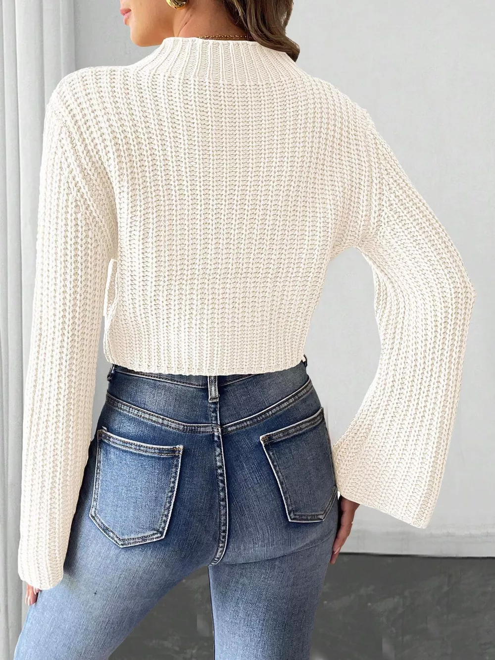 Bow-Decorated Mock Neck Cropped Sweater, image 12