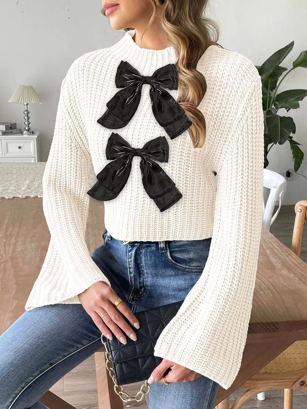 Bow-Decorated Mock Neck Cropped Sweater, image 10