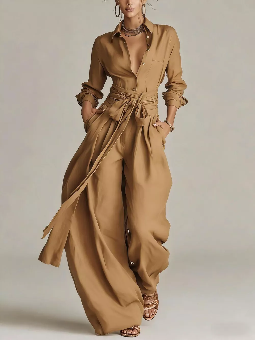 Long-Sleeve Button-Down Waist-Tie Jumpsuit, image 12