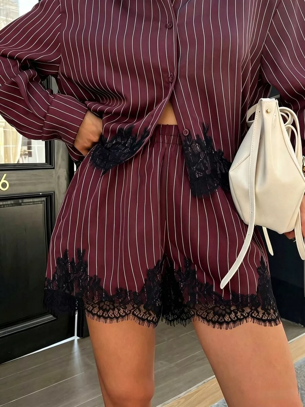 Lace Trim Striped Button-Down Shirt and Shorts Set, image 6