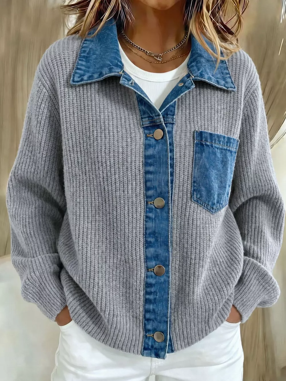 Denim Trim Button Up Cardigan, image 7