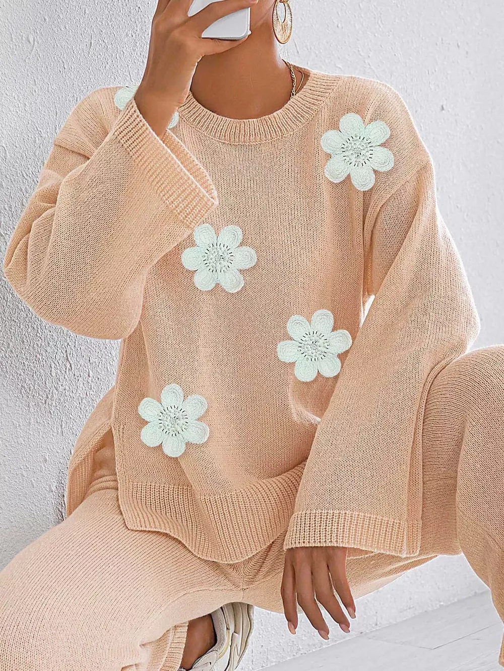 Floral Applique Crew Neck Sweater, image 10