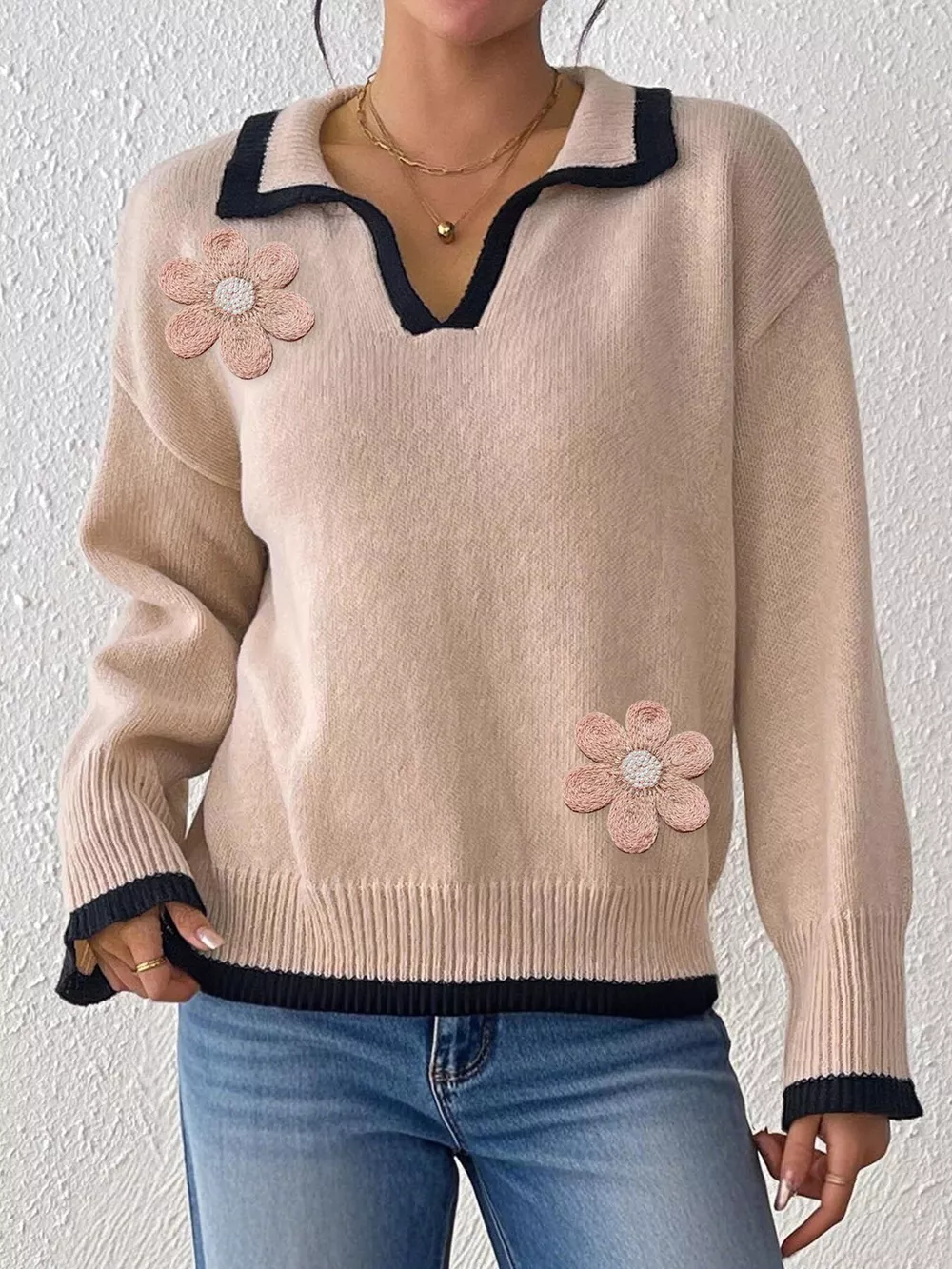 Flower Contrast Trim Dropped Shoulder Sweater, image 5