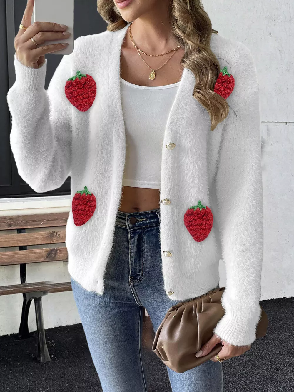 Strawberry Fuzzy Knit Cardigan, image 9