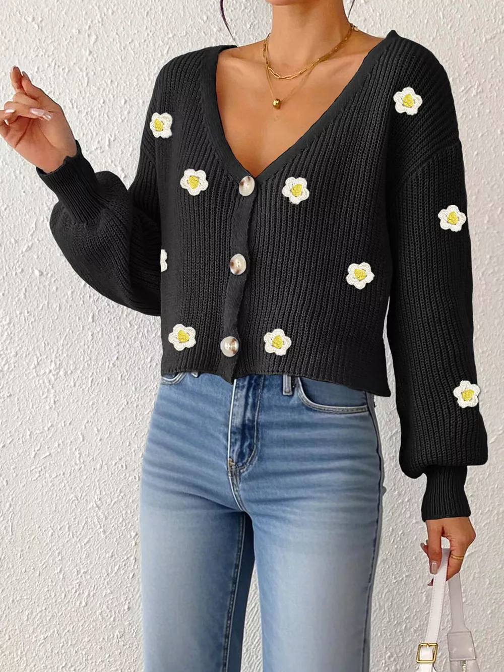 Floral V-Neck Button-Down Cropped Cardigan, image 4