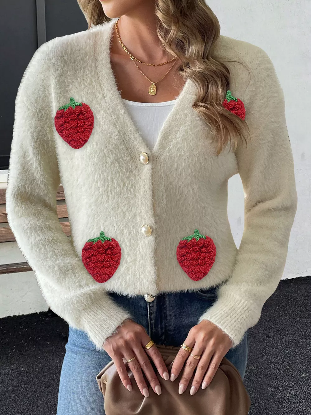 Strawberry Fuzzy Knit Cardigan, image 3