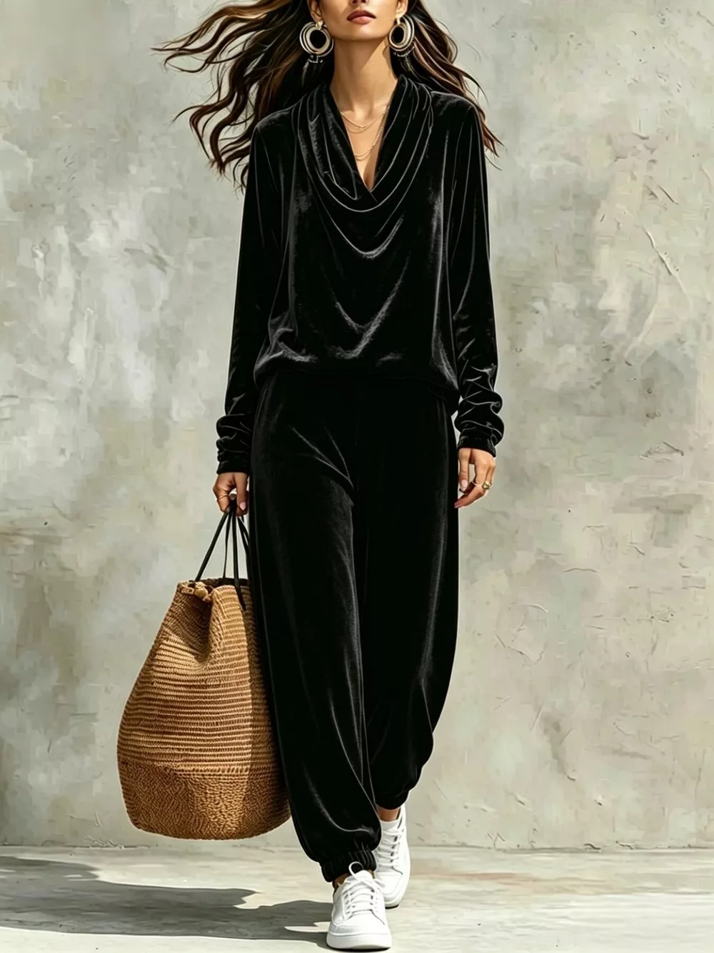 Full Size Velvet Cowl Neck Top and Pants Set Plus Size
