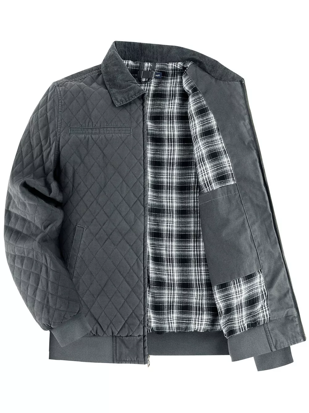 Men's Quilted Collared Neck Jacket with Plaid Lining, image 6