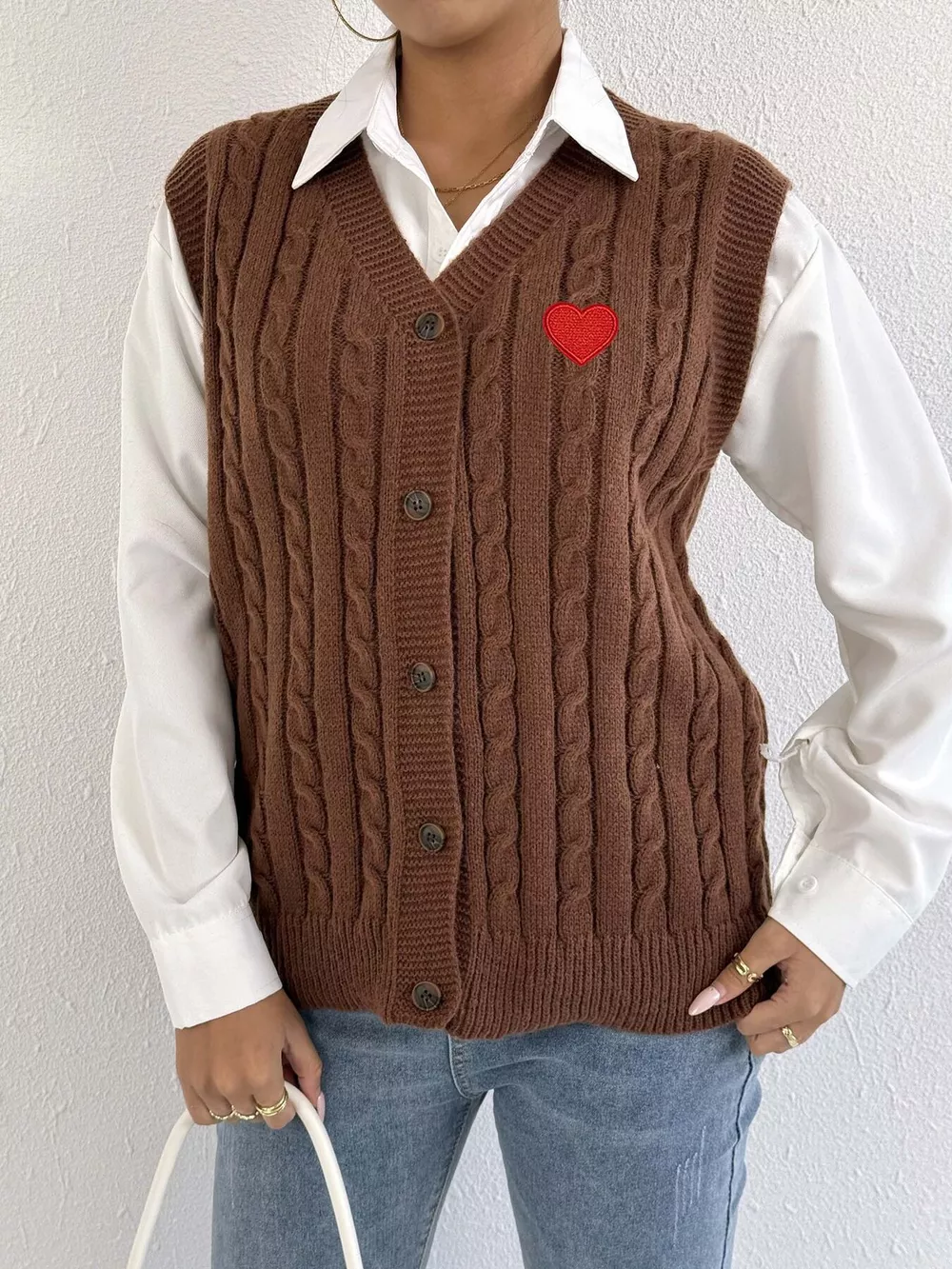 V-Neck Cable Knit Button-Down Sweater Vest with Heart Embroidery, image 8