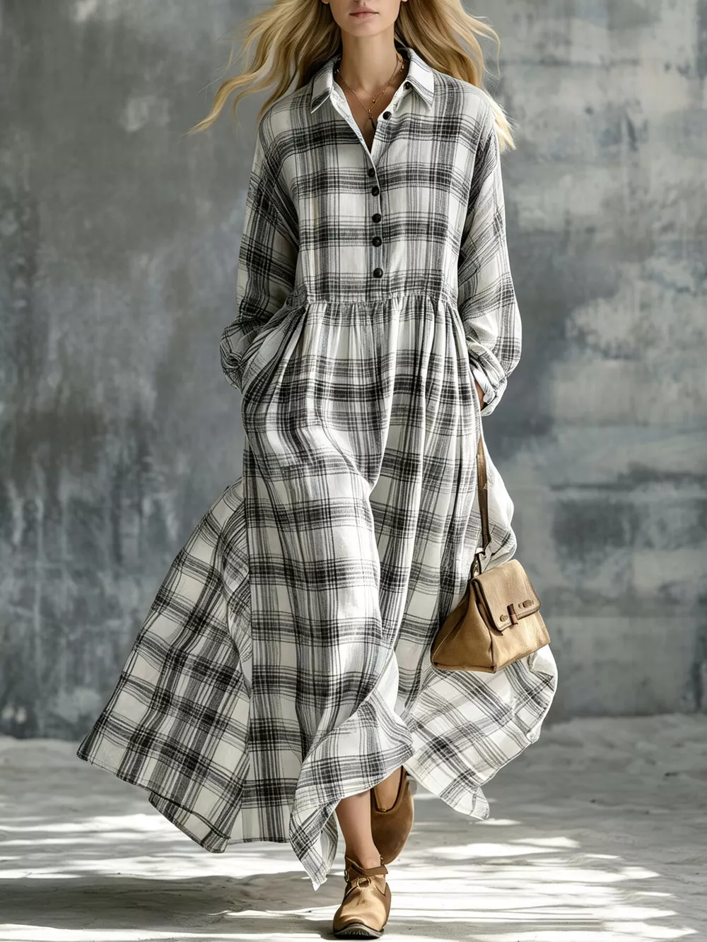 Plaid Button-Down Maxi Shirt Dress
