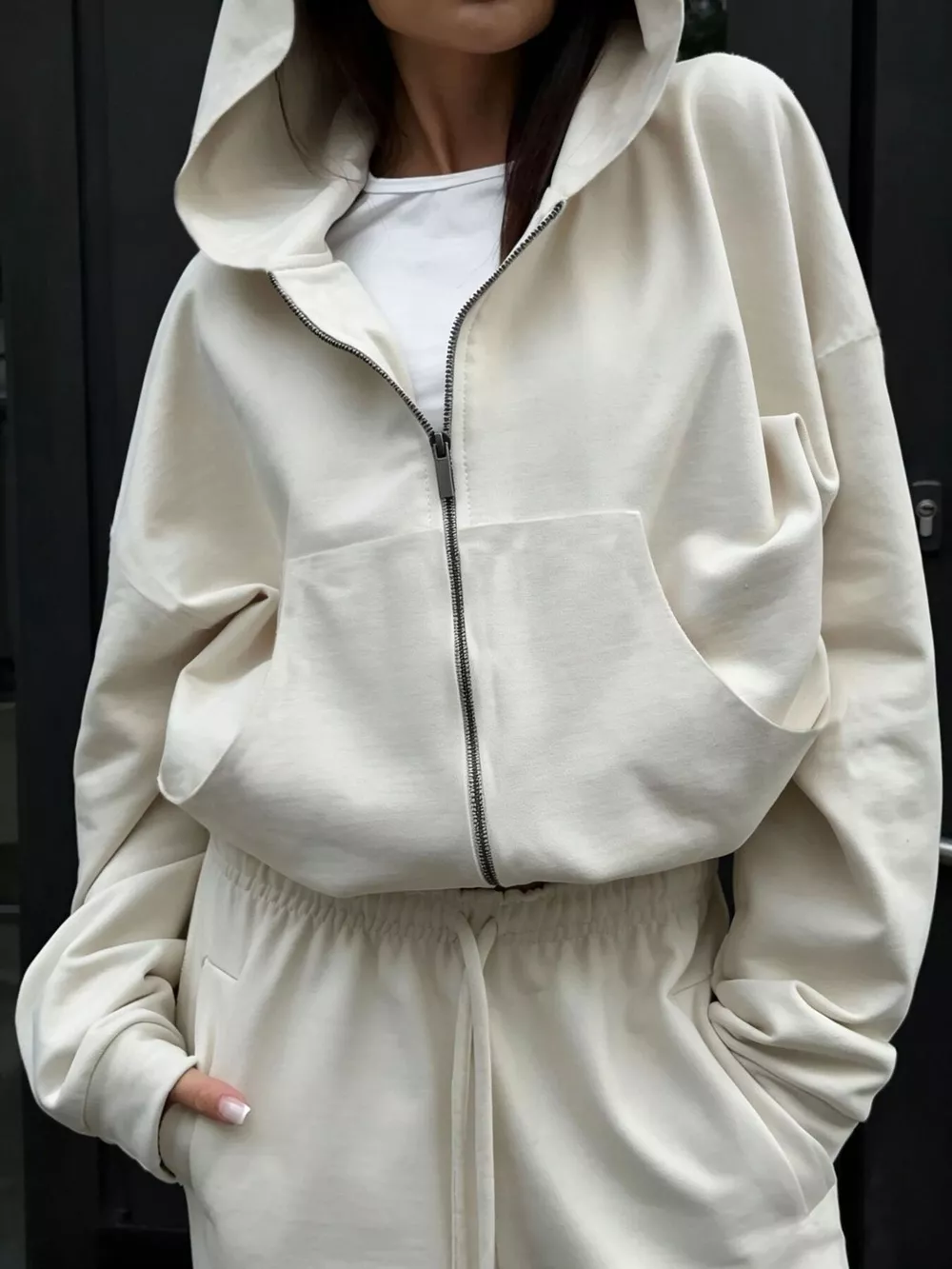 Casual Zip-Up Hoodie and Wide-Leg Sweatpants Set, image 4