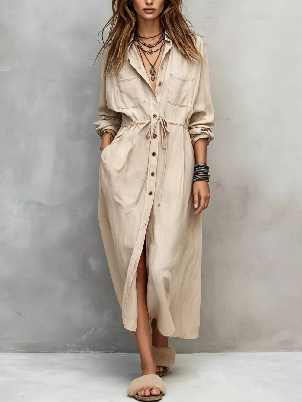 Full Size Button Front Long Sleeve Shirt Dress Plus Size