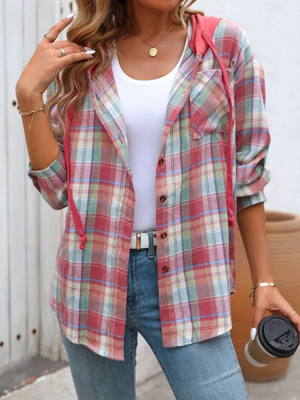 Hooded Plaid Button-Up Shirt, image 24