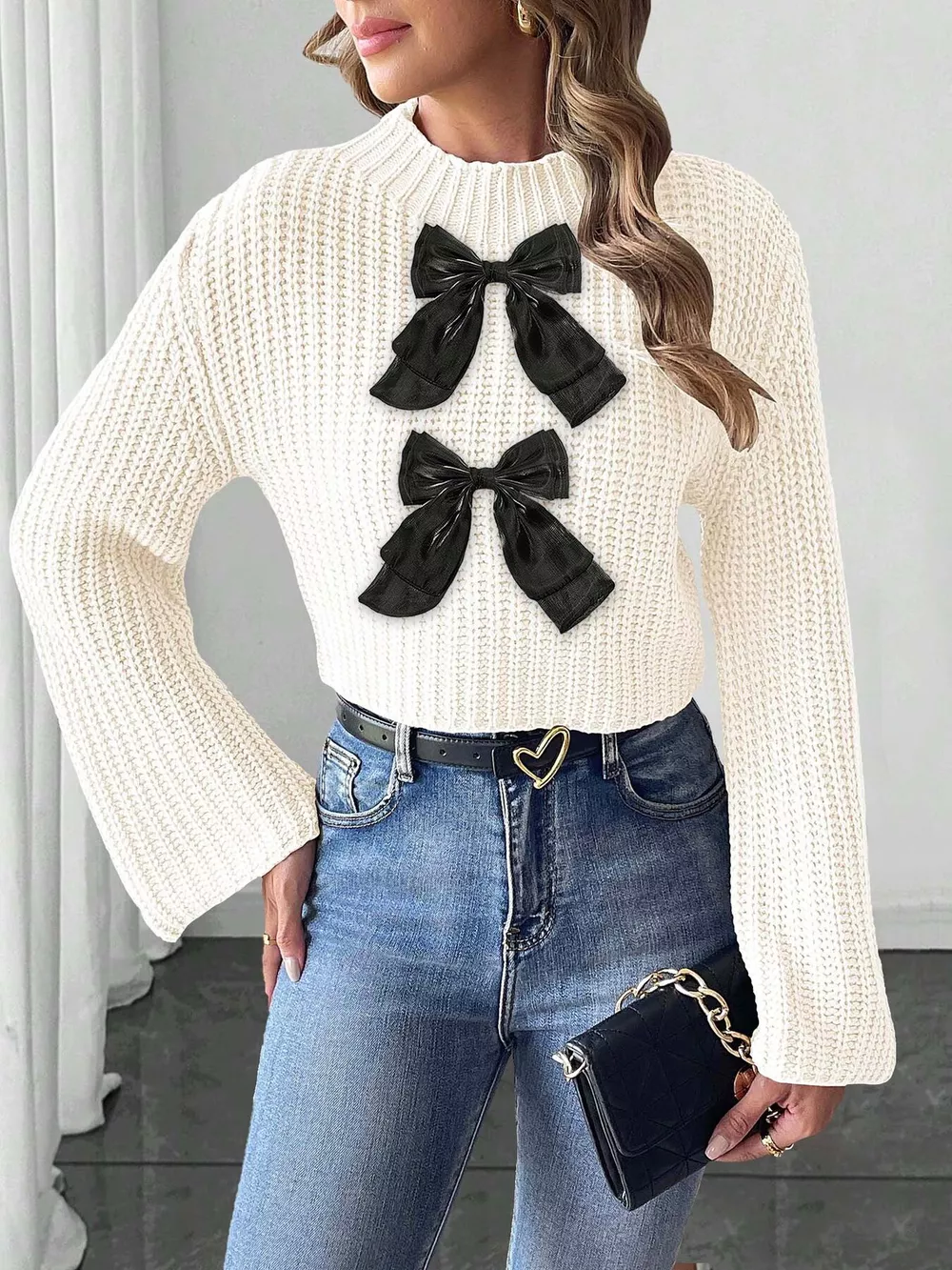 Bow-Decorated Mock Neck Cropped Sweater, image 11
