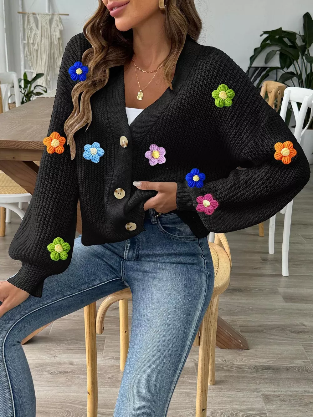 3D Floral Appliques Button Up Cardigan, image 2