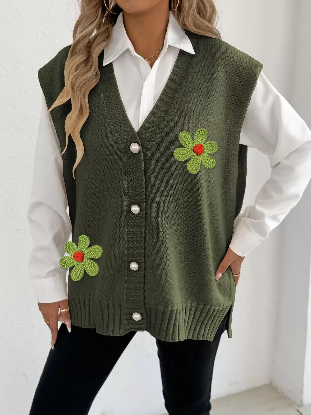 Flower V-Neck Sleeveless Cardigan, image 9