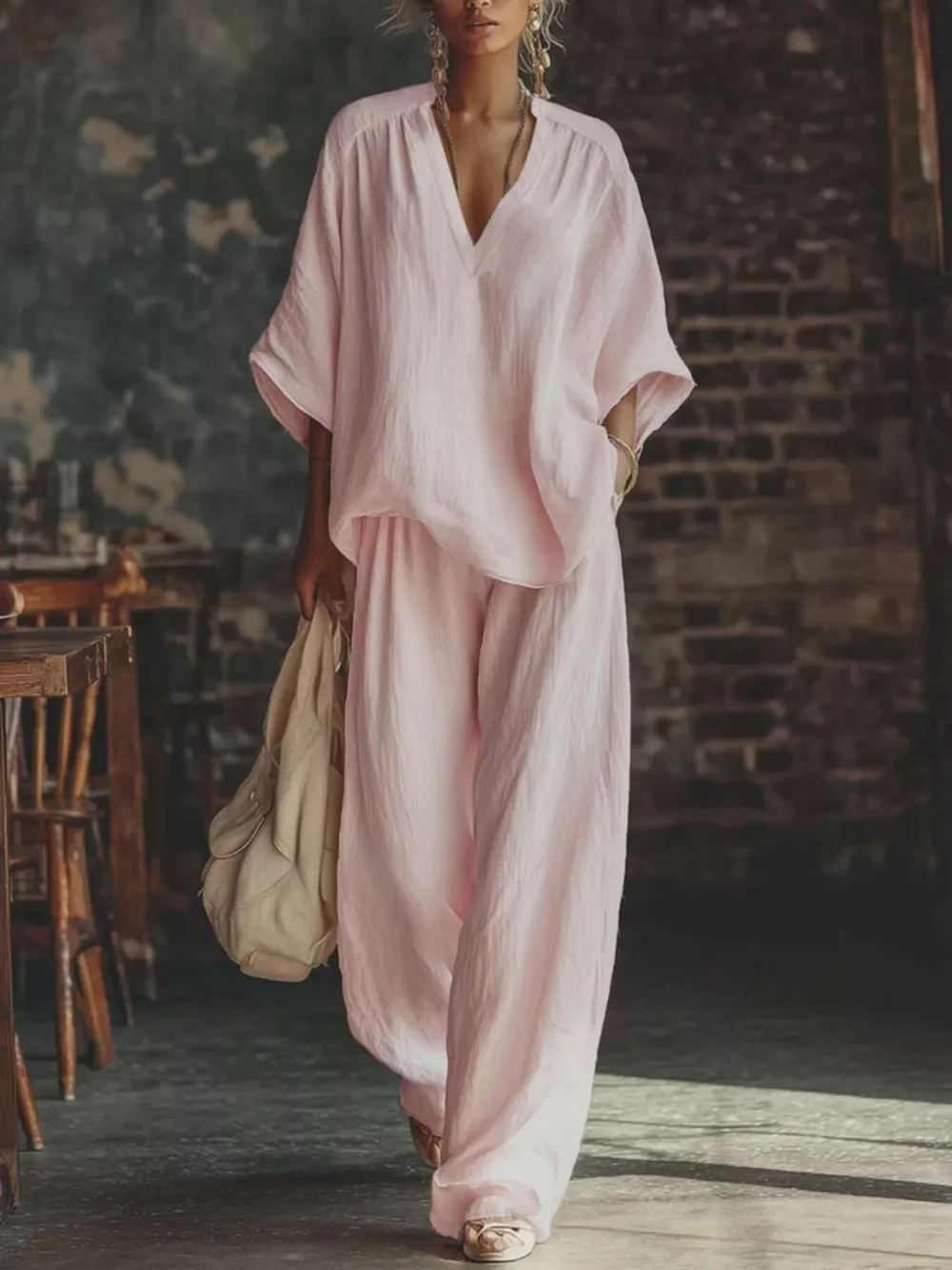 Loose Fit Notched Top and Pants Set