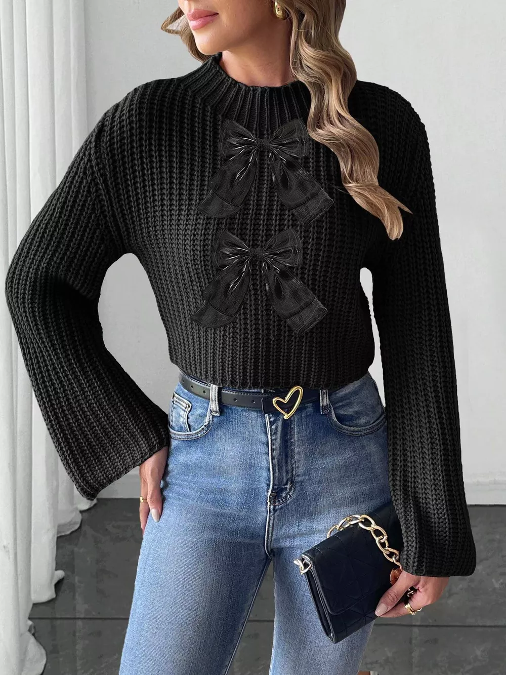 Bow-Decorated Mock Neck Cropped Sweater, image 7