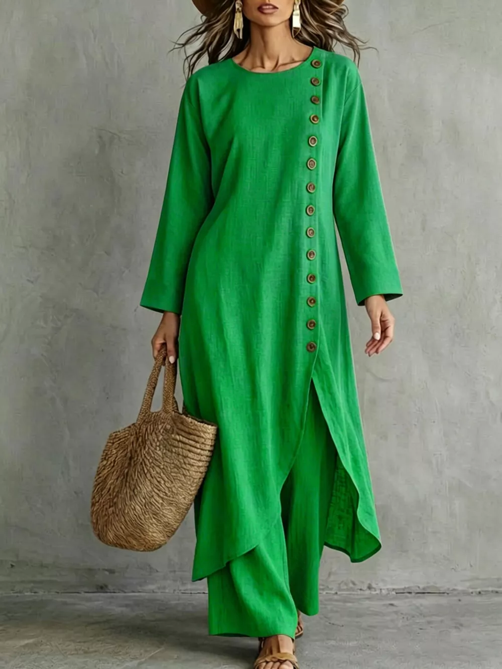 Full Size Side-Buttoned Longline Top and Pants Set Plus Size, image 12