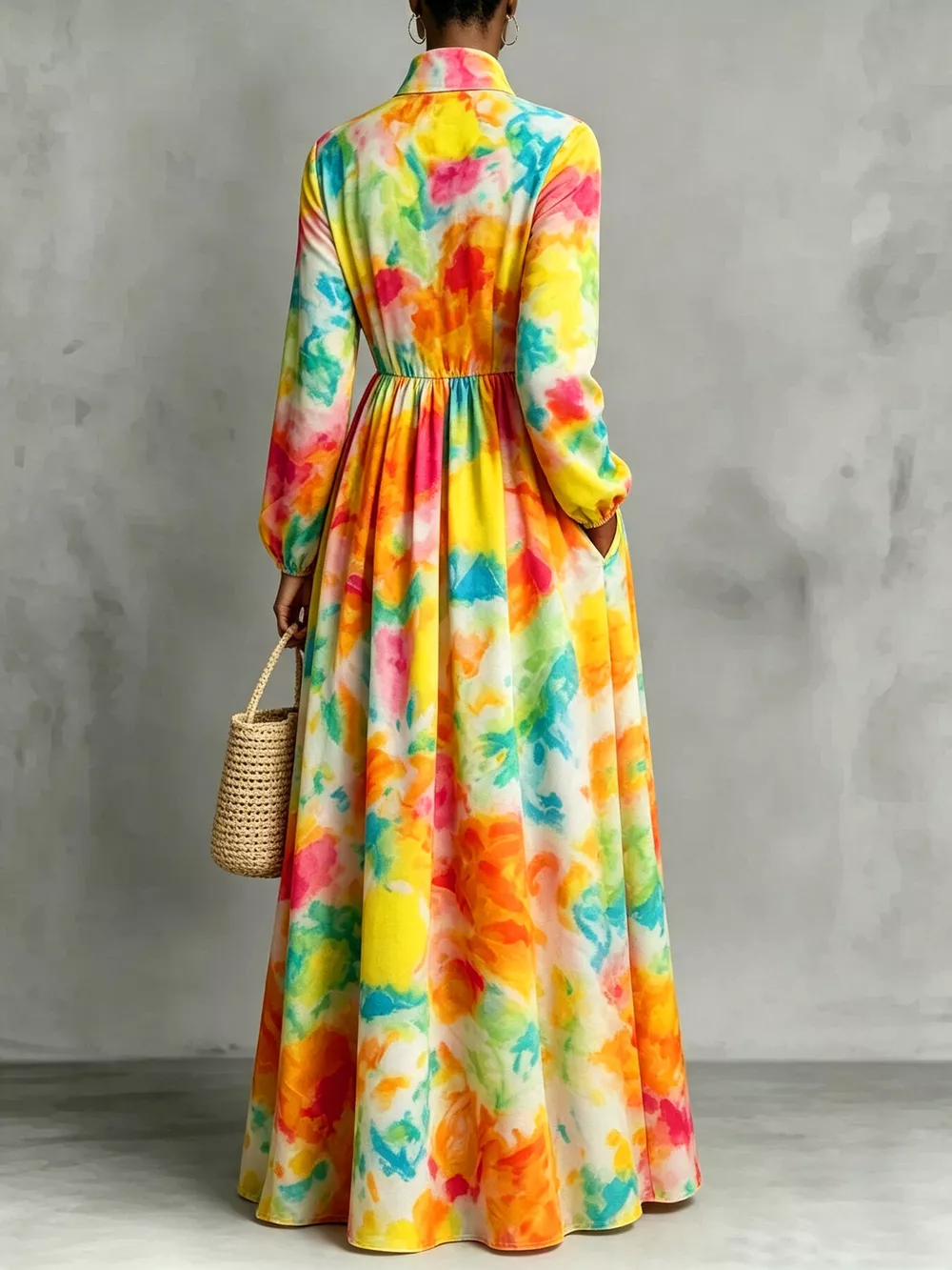 Watercolor Print Long-Sleeve Button-Down Maxi Dress, image 4