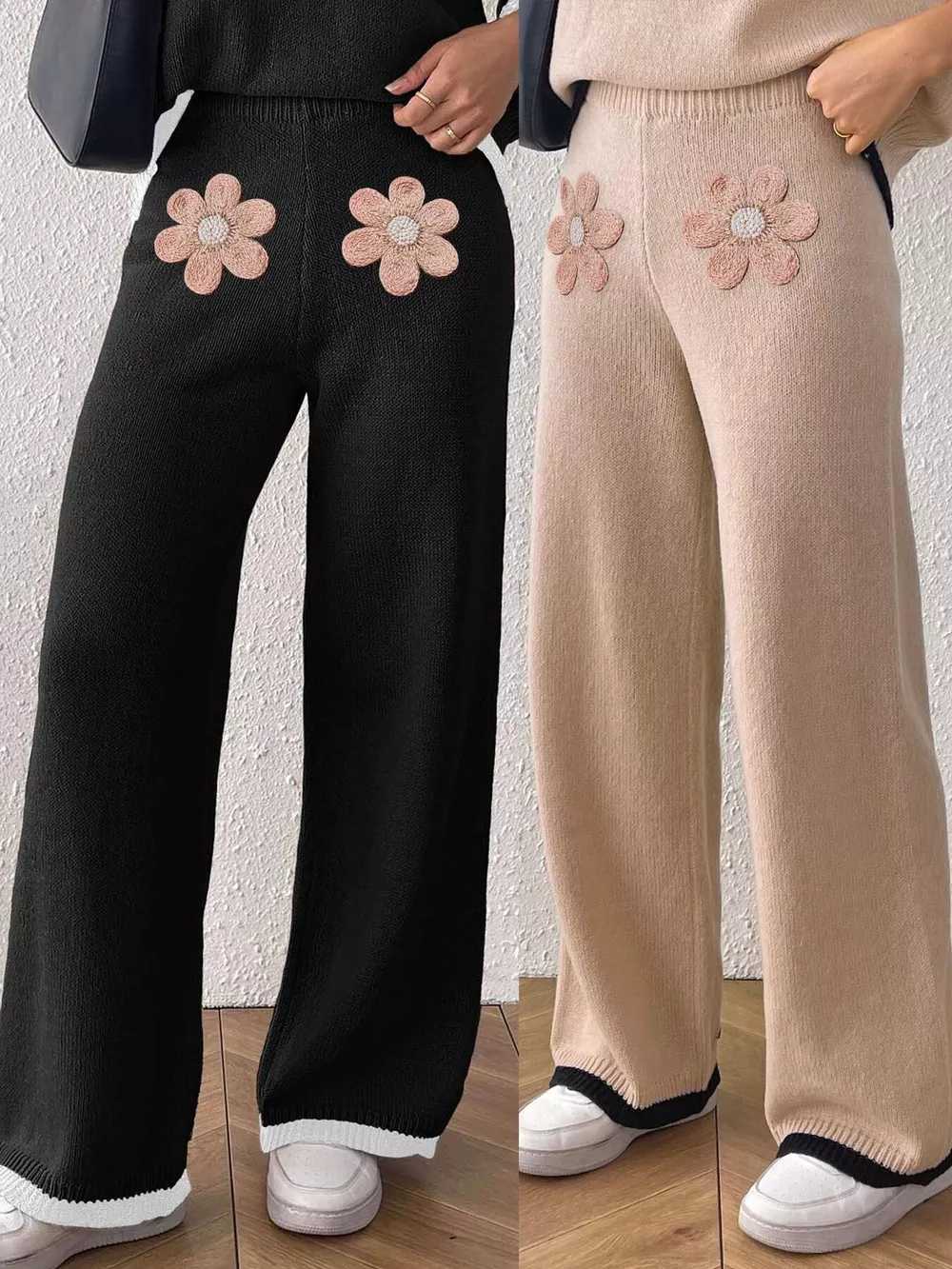 Floral Applique High-Waisted Wide-Leg Sweater Pants, image 10
