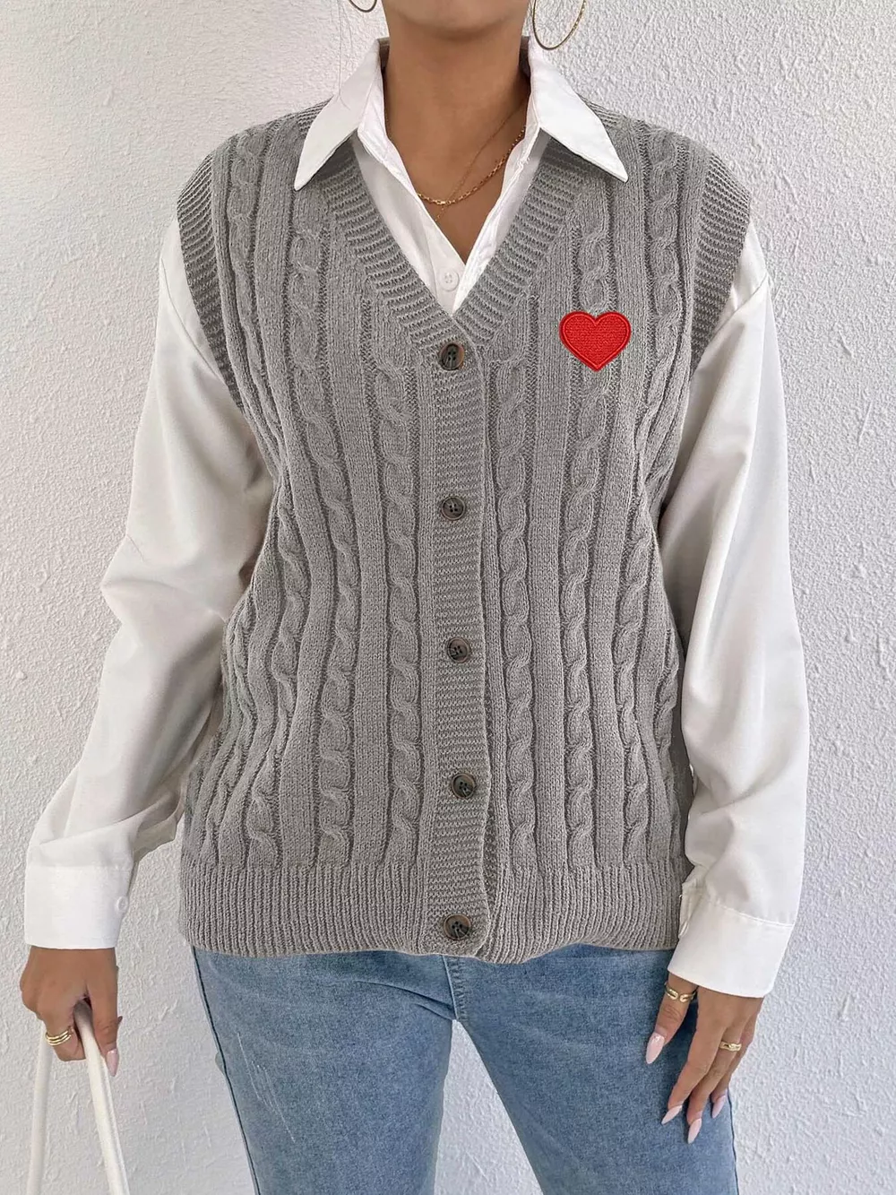 V-Neck Cable Knit Button-Down Sweater Vest with Heart Embroidery, image 13