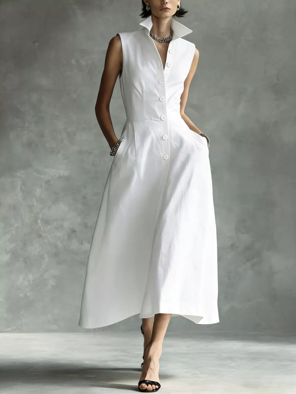 Sleeveless Button-Down Midi Shirt Dress, image 5