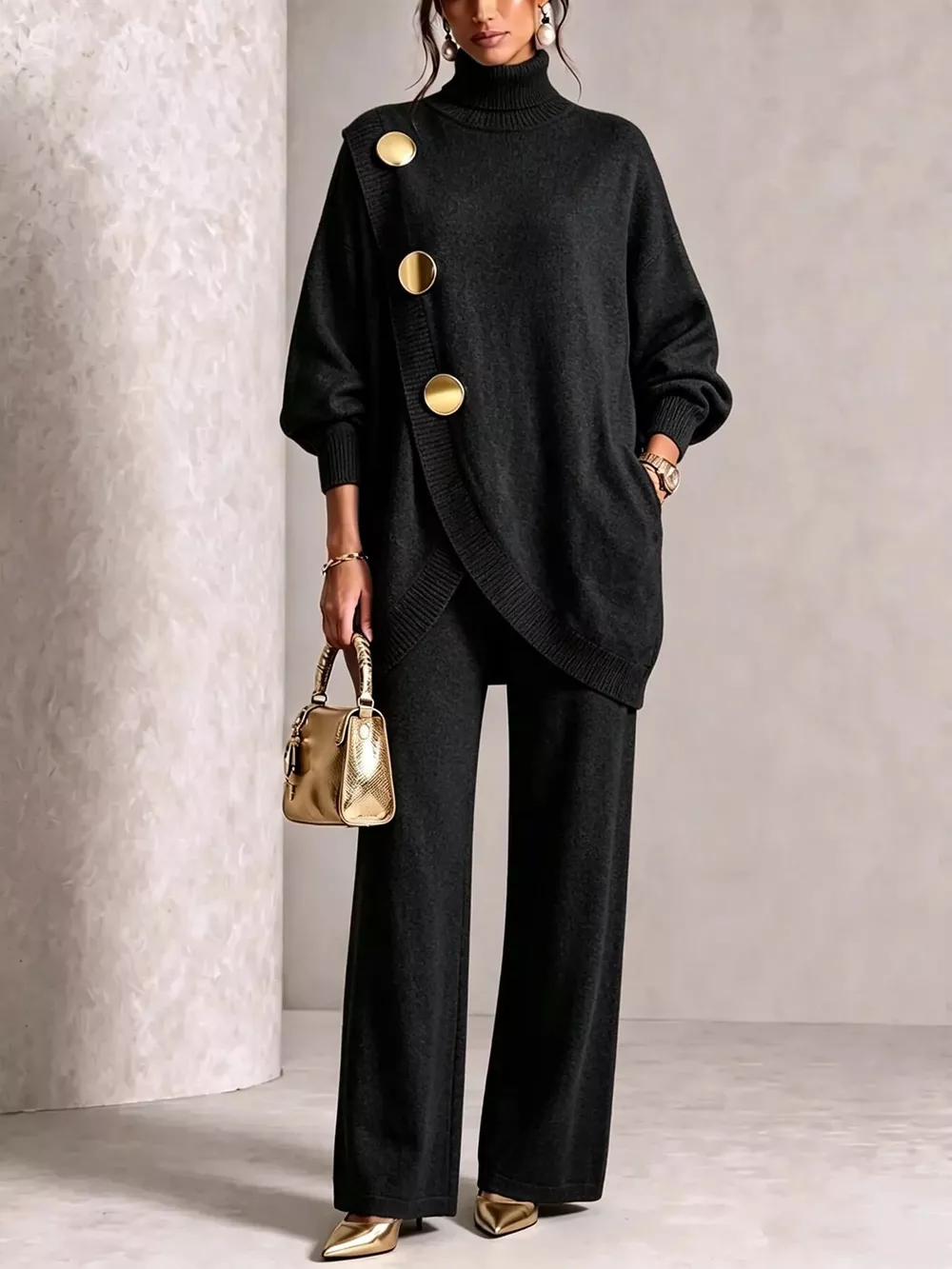 Gold Button Accent Turtleneck Sweater and Pants Set, image 11