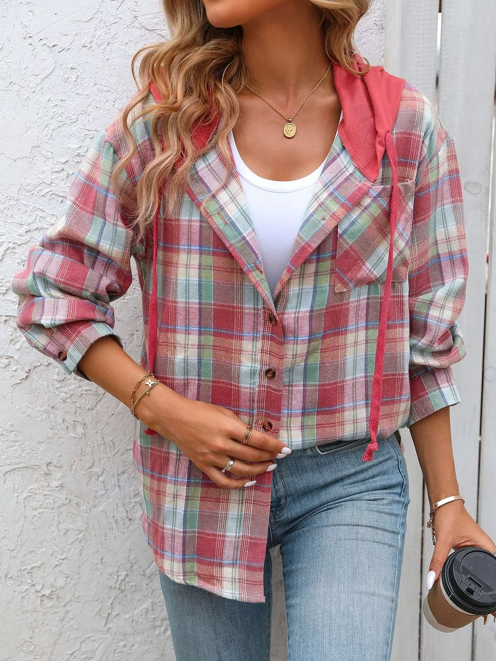 Hooded Plaid Button-Up Shirt, image 22