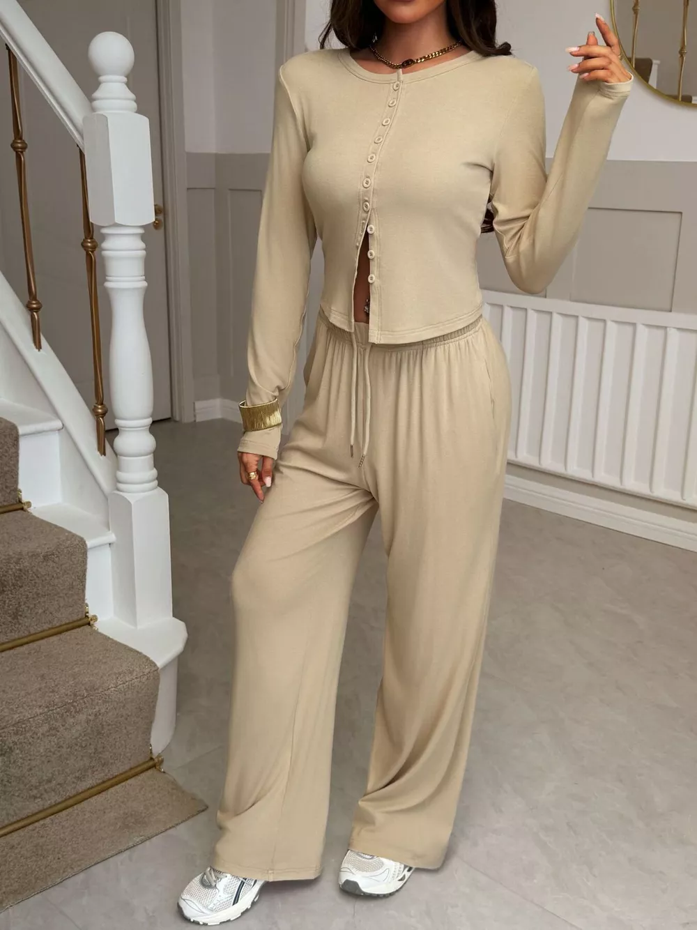 Button-Front Long Sleeve Top & Wide Leg Pants Set, image 2