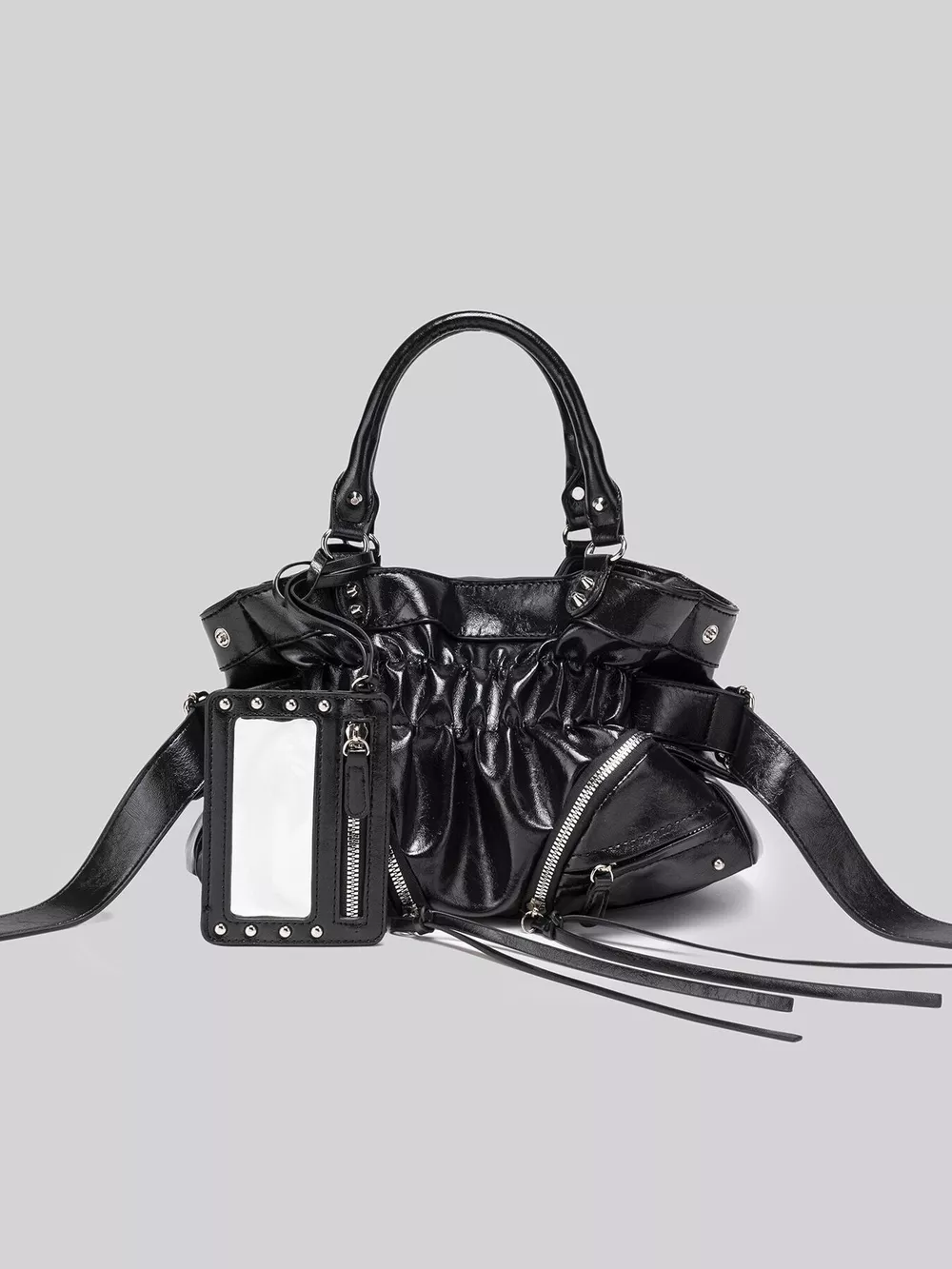Patent Leather Ruched Crossbody Bag with Detachable Card Holder, image 3