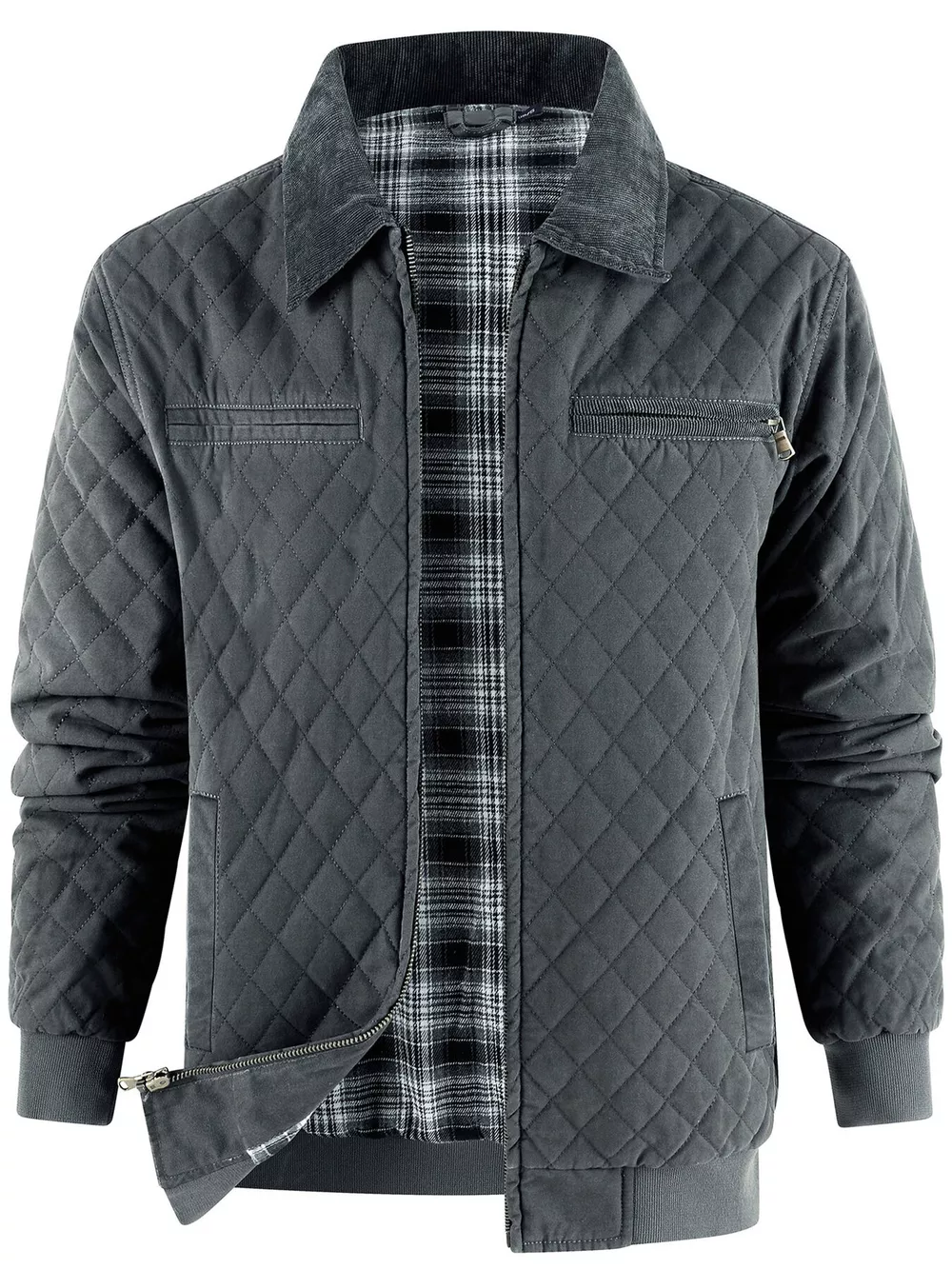 Men's Quilted Collared Neck Jacket with Plaid Lining, image 5