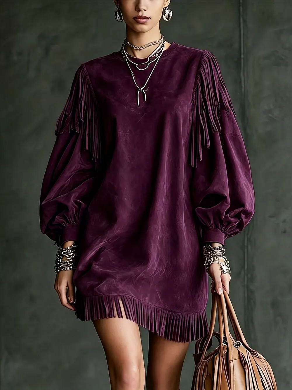 Fringe Detail Lantern Sleeve Mini Dress, image 16
