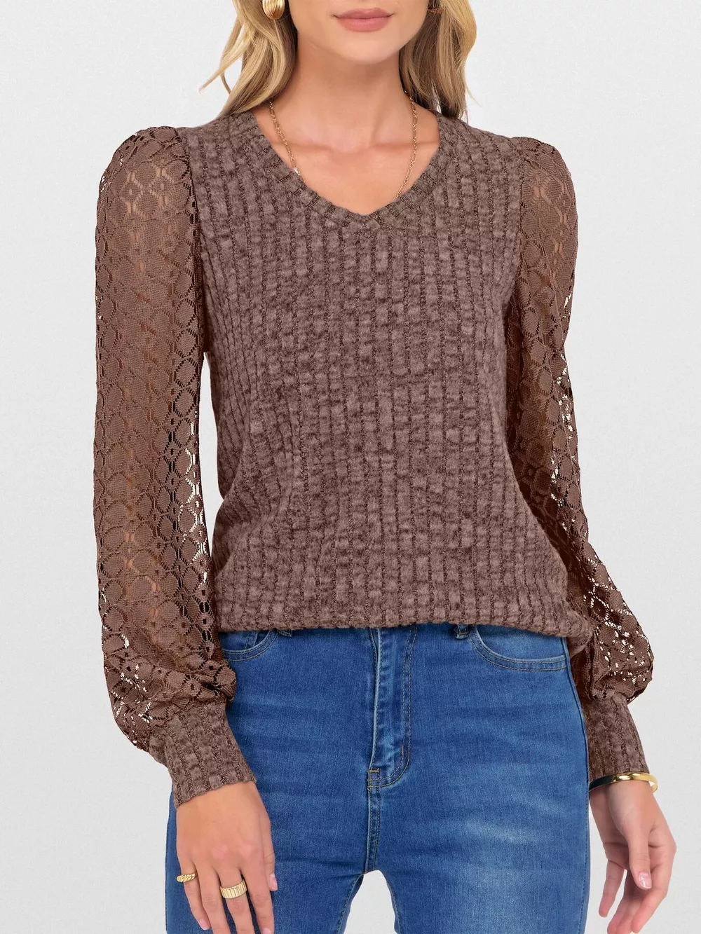 Lace Sleeve V-Neck T-Shirt, image 26