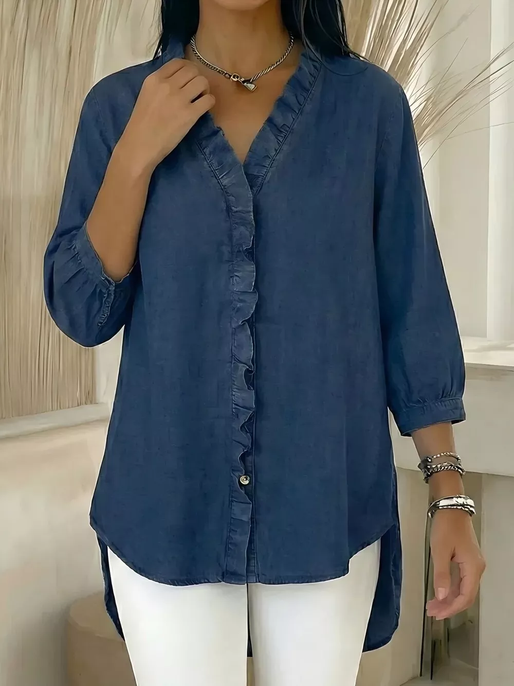 Full Size V-Neck Ruffled Button Down Shirt Plus Size, image 12