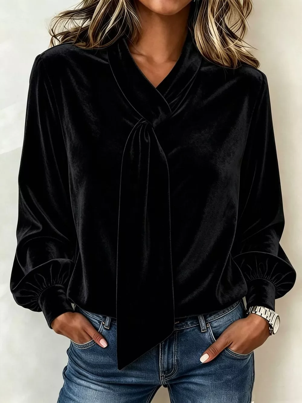 Full Size Velvet Tie-Neck Long Sleeve Blouse Plus Size, image 6