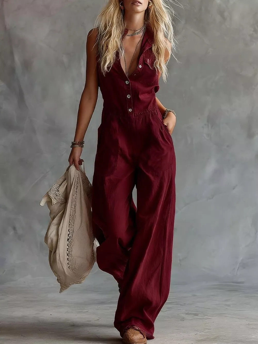 Sleeveless Button-Down Wide-Leg Jumpsuit, image 9