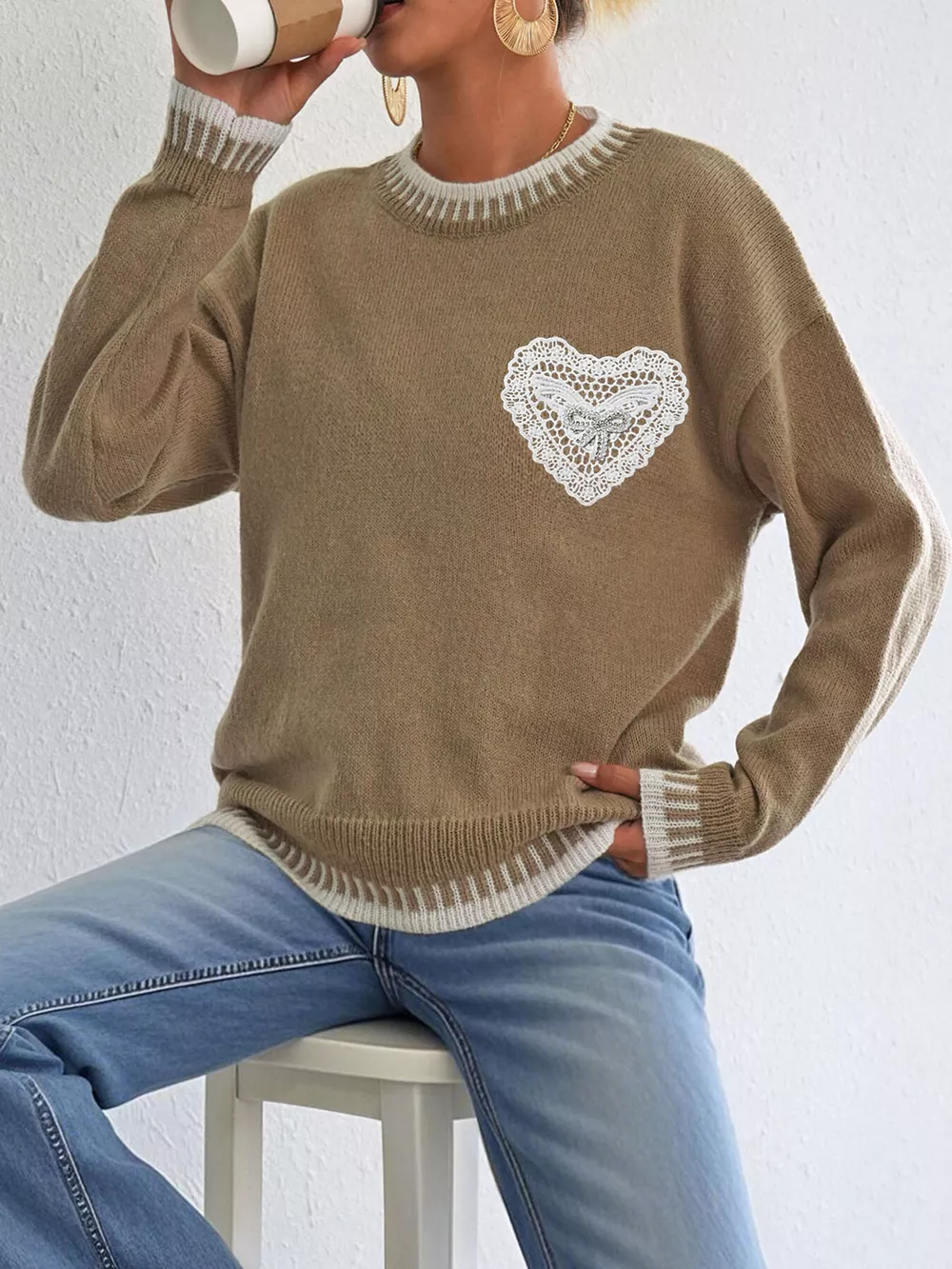 Lace Heart Contrast Trim Sweater, image 7