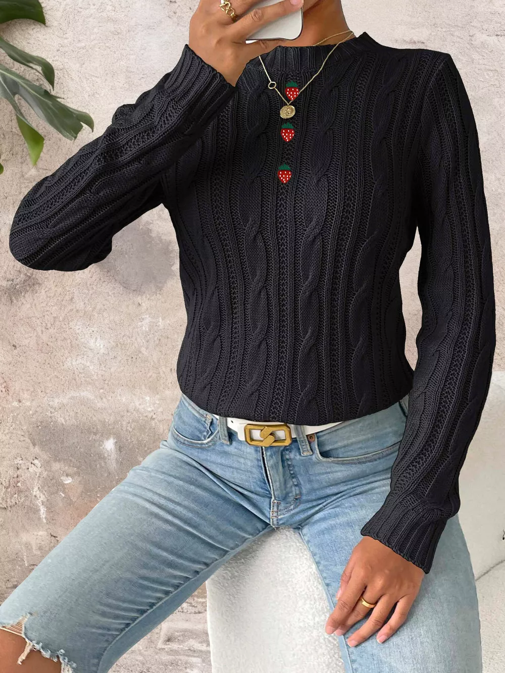 Strawberry Embellished Cable Knit Round Neck Sweater, image 7