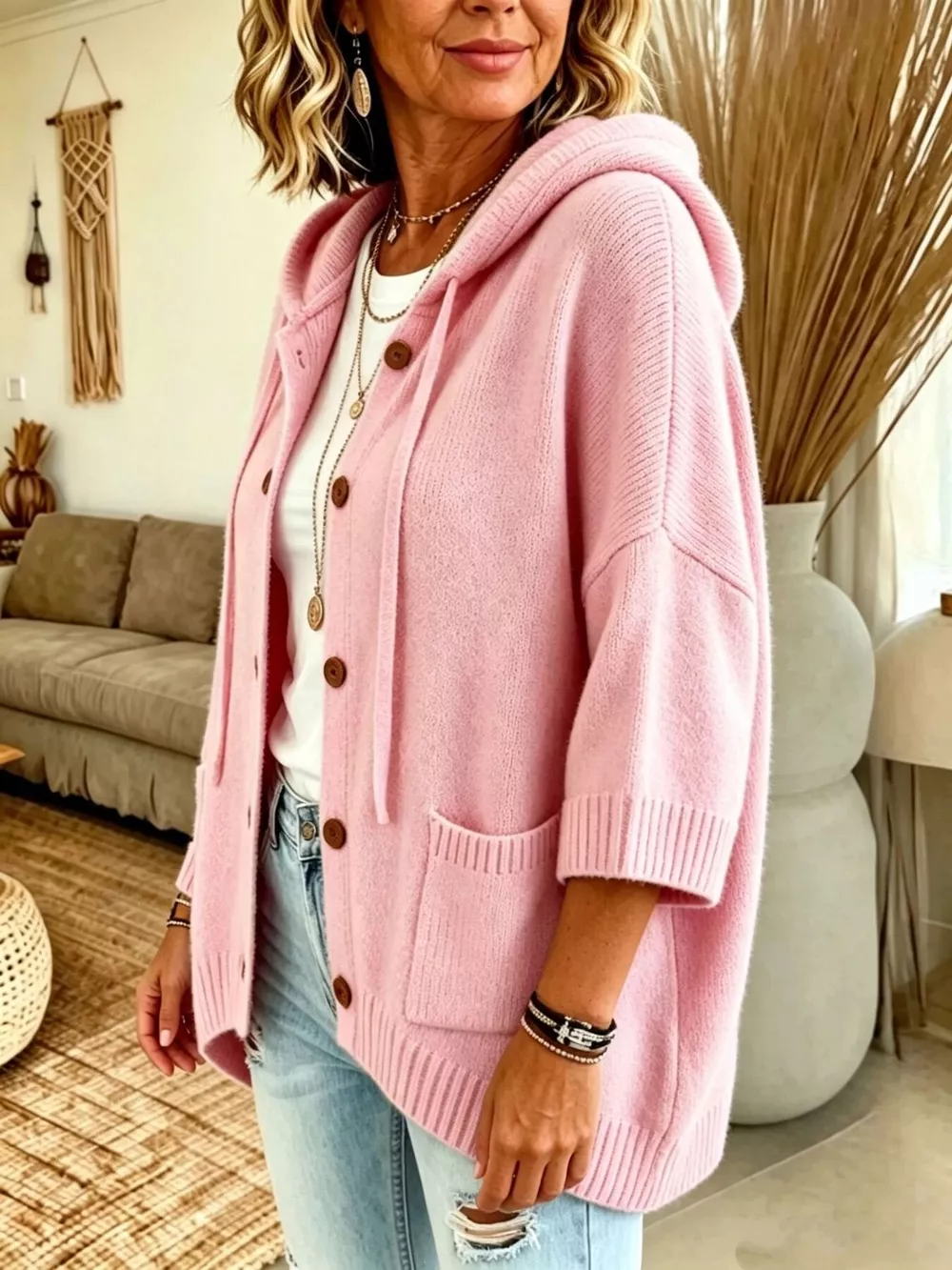 Full Size Hooded Button-Down Knit Cardigan Plus Size, image 2